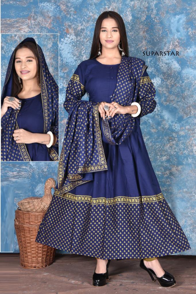 Ss Kurtis Super Star Shine Heavy Art Festive Wear Fancy Designer Printed Rayon Anarkali Kurtis With Dupatta Collection